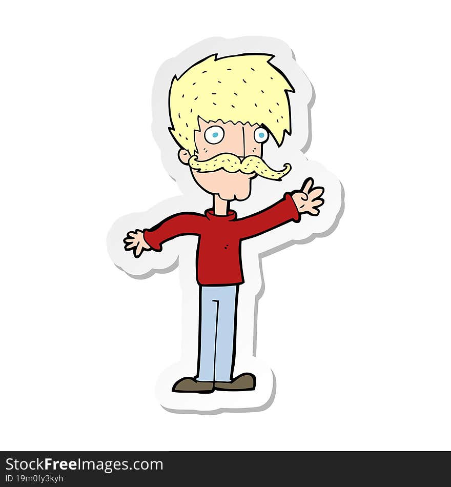 sticker of a cartoon waving mustache man