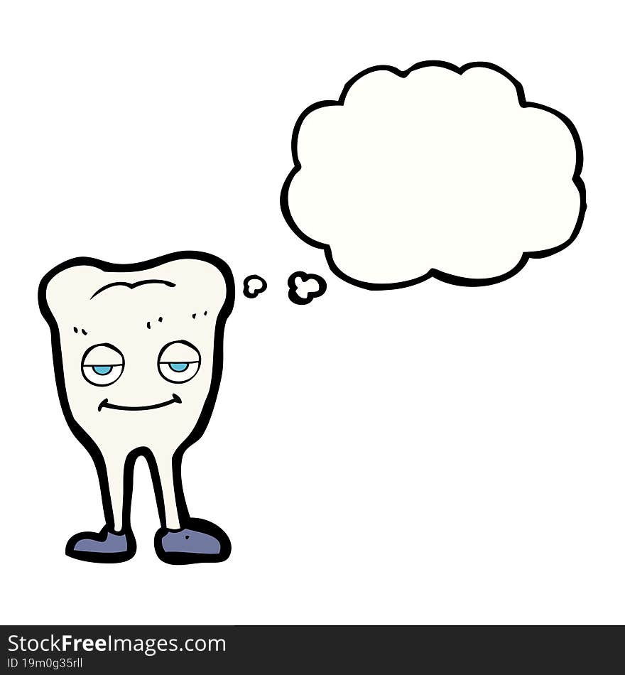 cartoon happy tooth with thought bubble