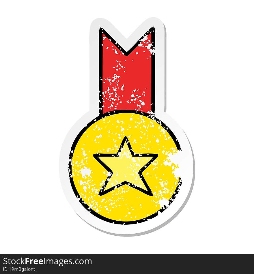 distressed sticker of a cute cartoon gold medal