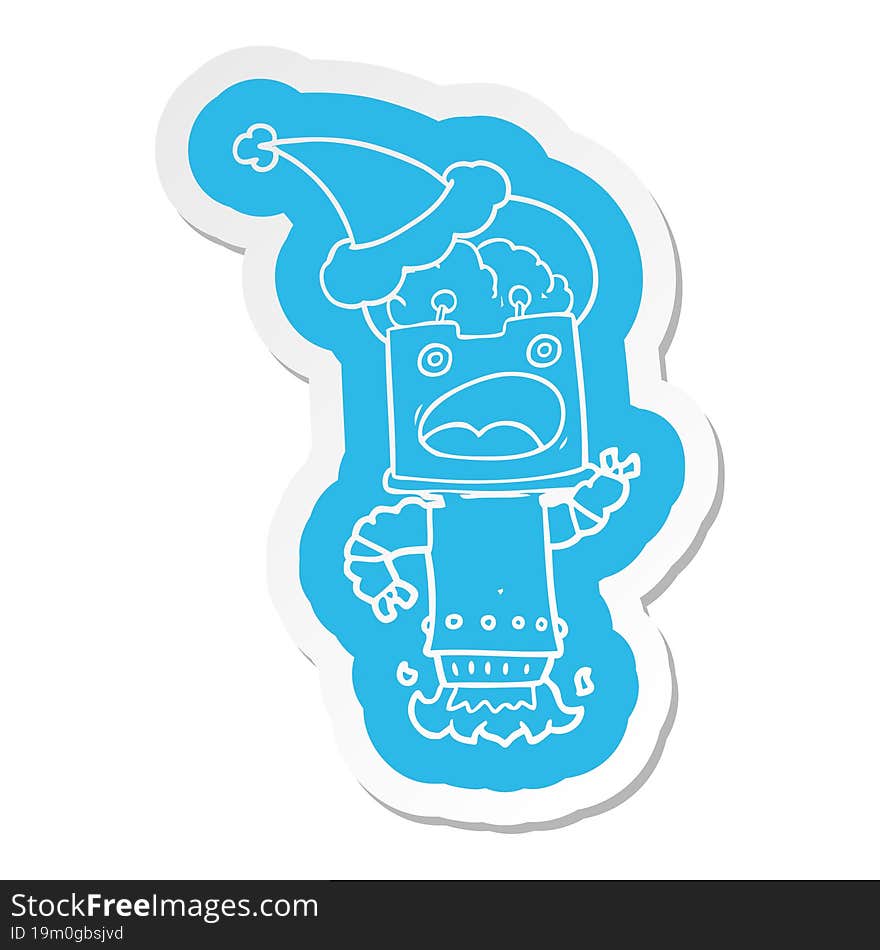 cartoon  sticker of a robot wearing santa hat