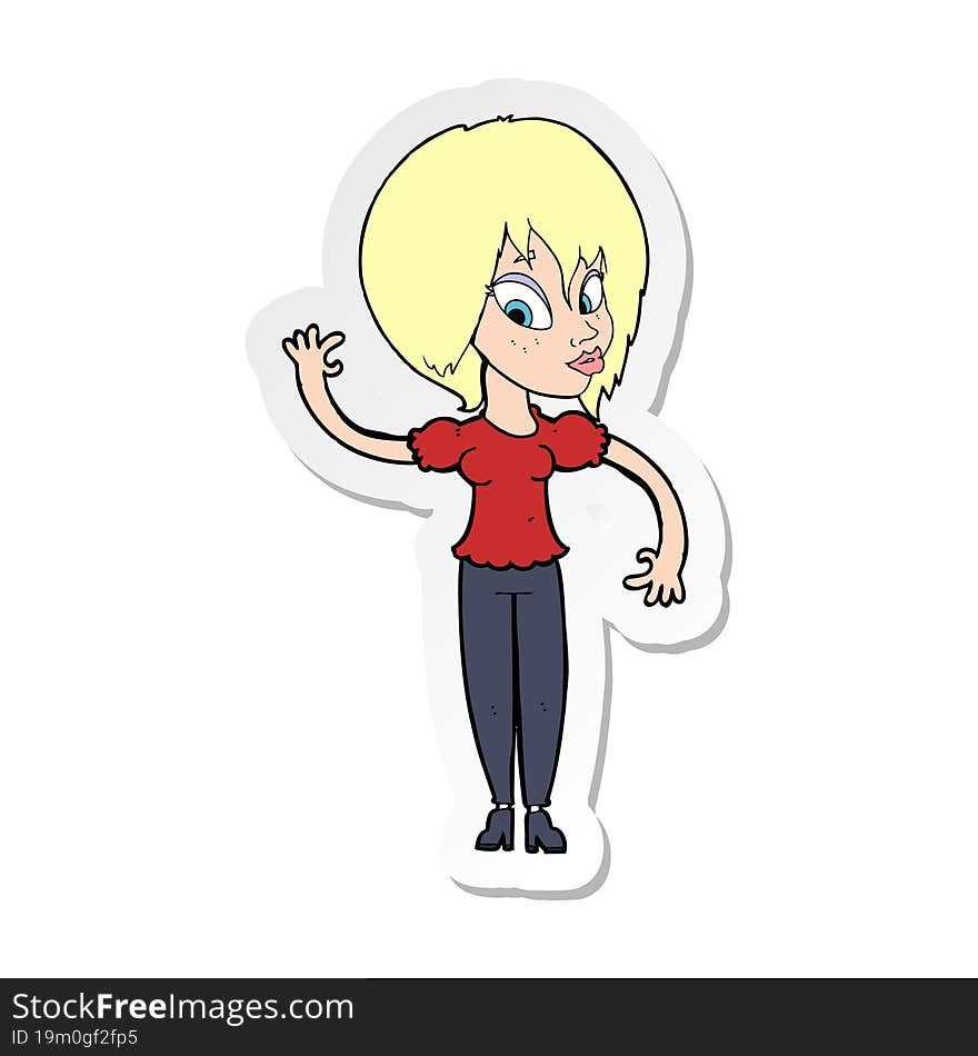 sticker of a cartoon woman waving