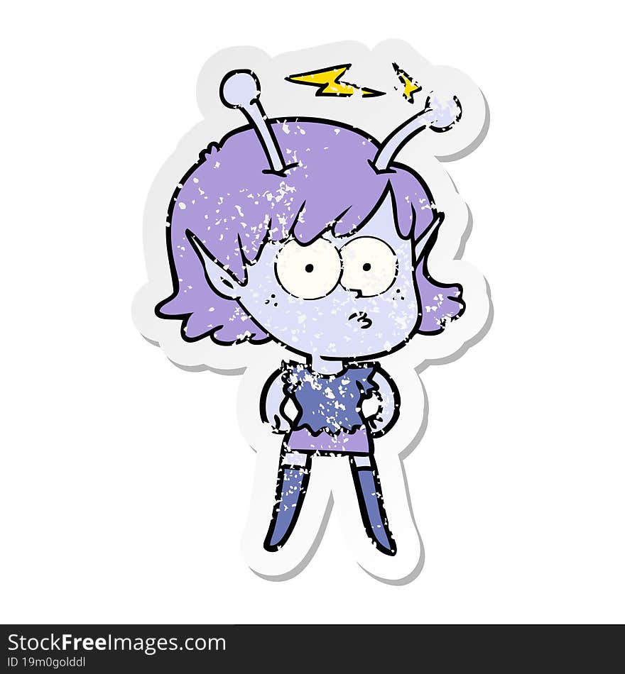 distressed sticker of a cartoon alien girl