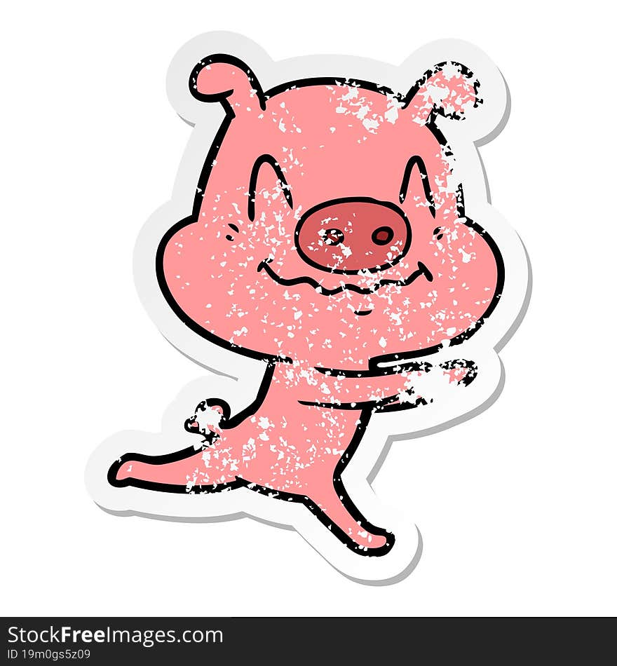 distressed sticker of a nervous cartoon pig running