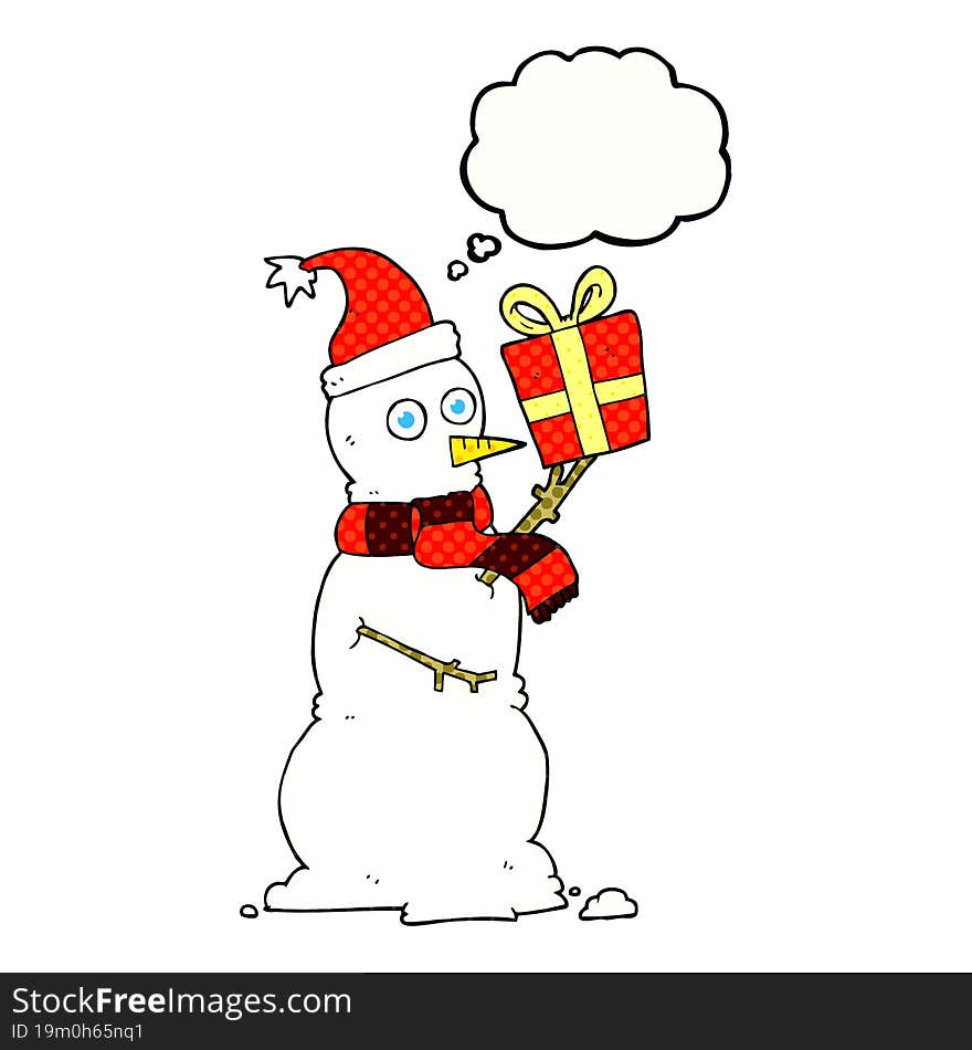 thought bubble cartoon snowman holding present