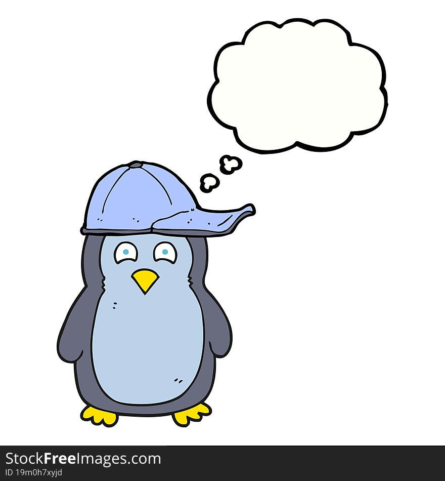 thought bubble cartoon penguin wearing hat