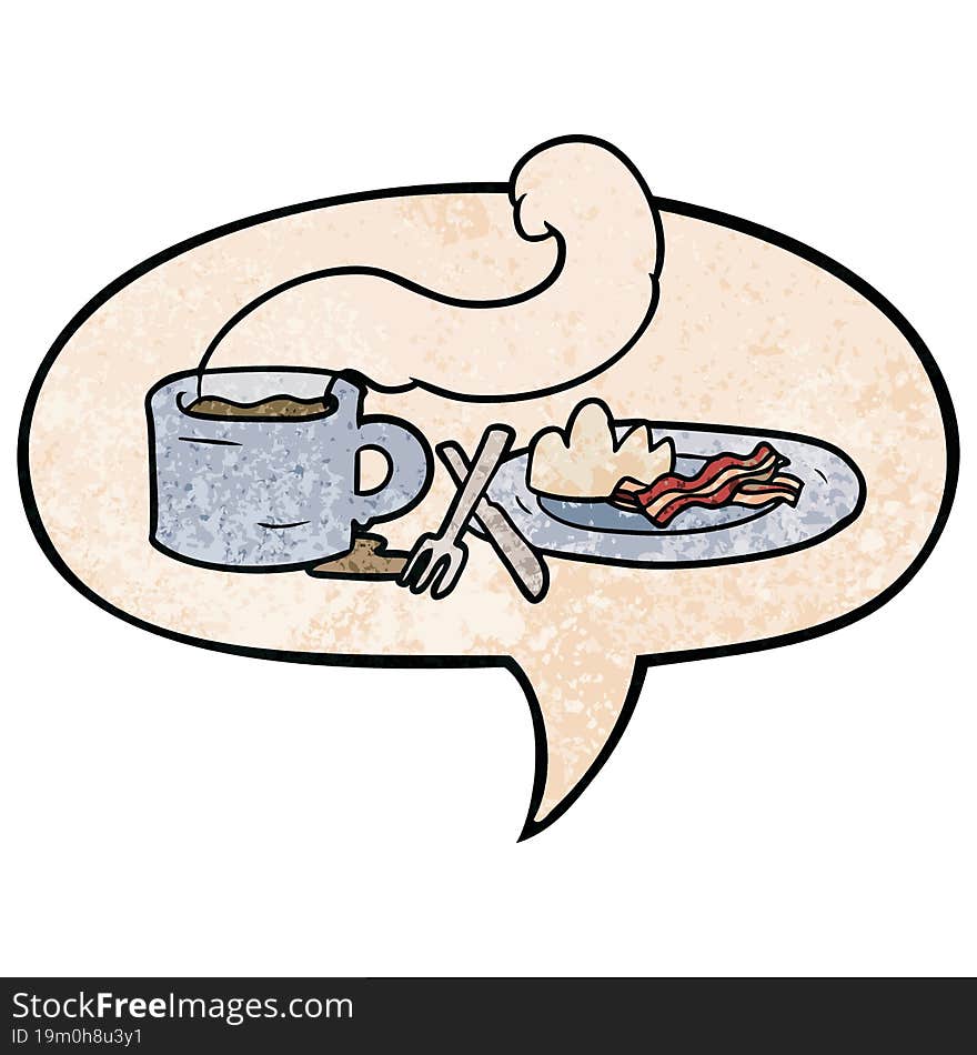 cartoon breakfast of coffee and bacon with speech bubble in retro texture style