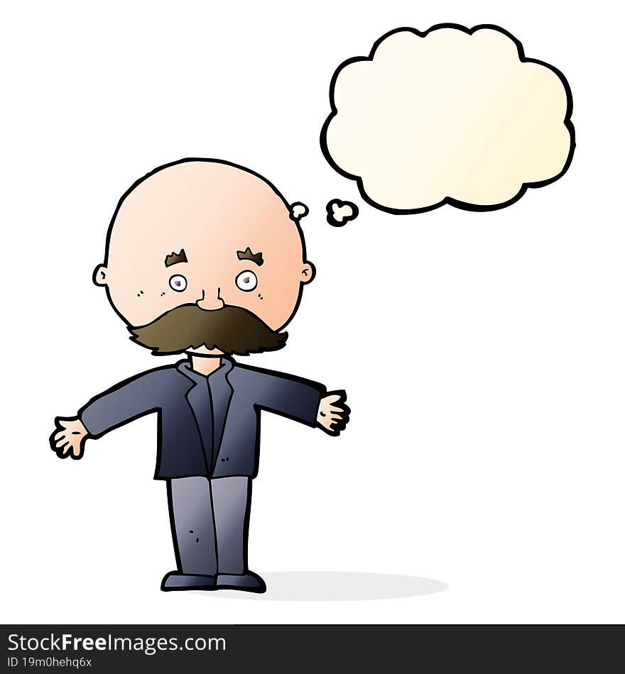 cartoon bald man with open arms with thought bubble