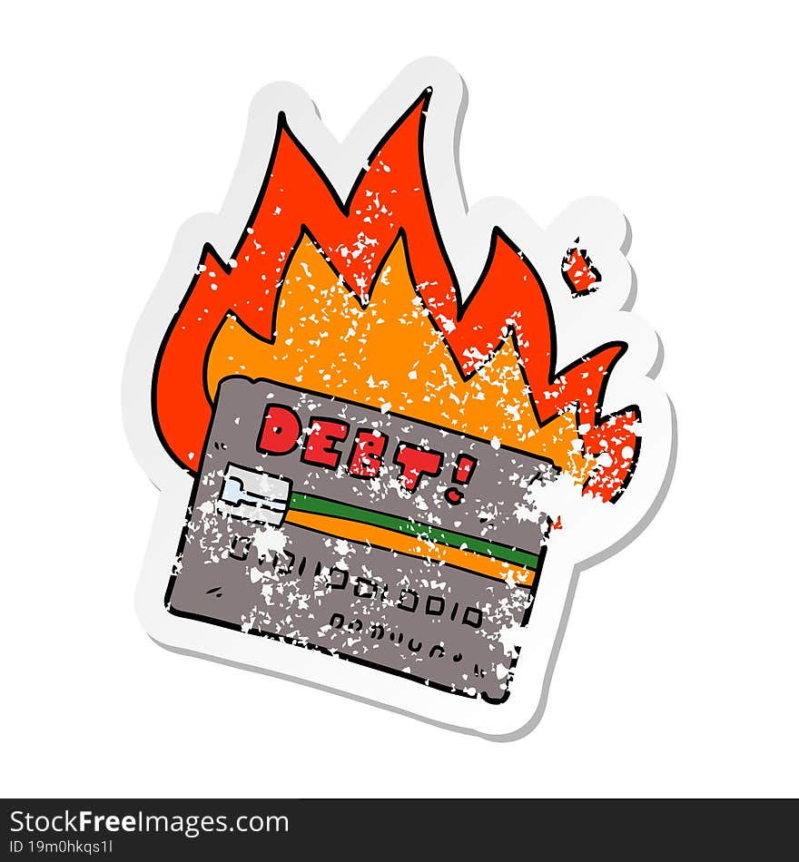 distressed sticker of a burning credit card cartoon