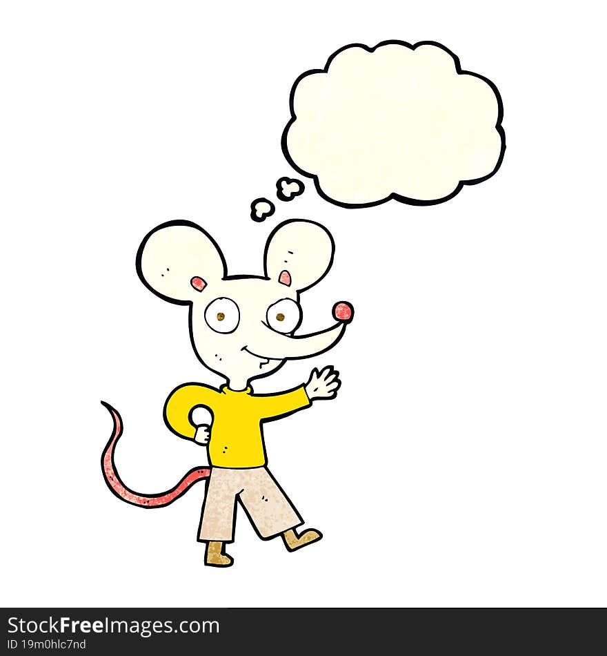 cartoon waving mouse with thought bubble