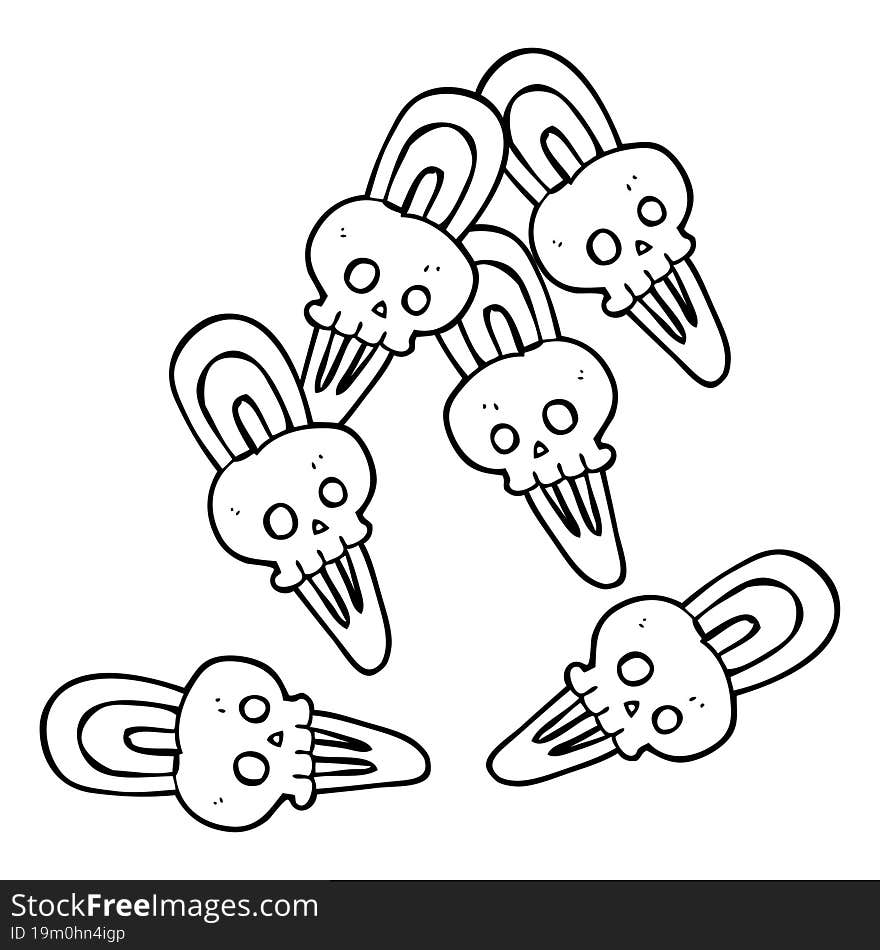 freehand drawn black and white cartoon skull hairclips