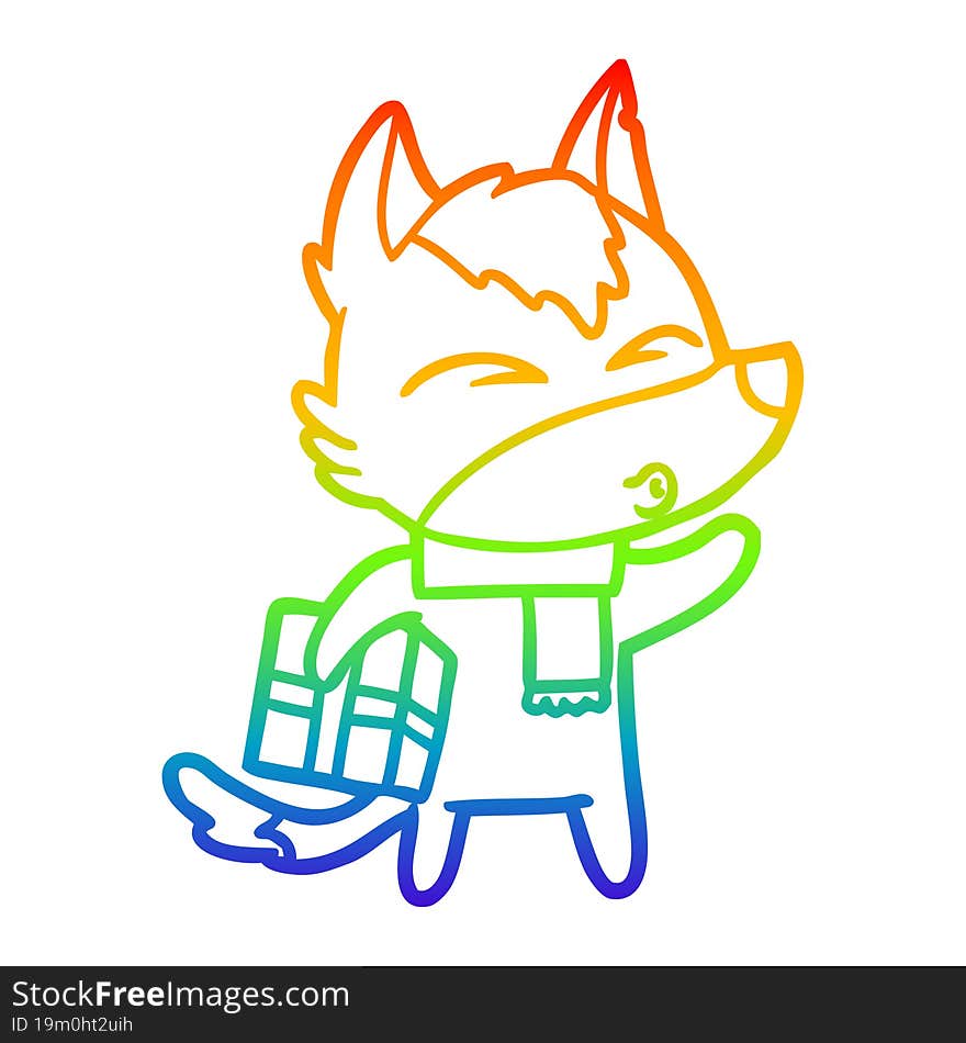 Rainbow Gradient Line Drawing Cartoon Christmas Wolf Whistling