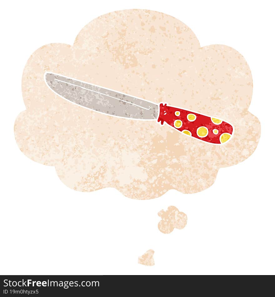 cartoon knife and thought bubble in retro textured style