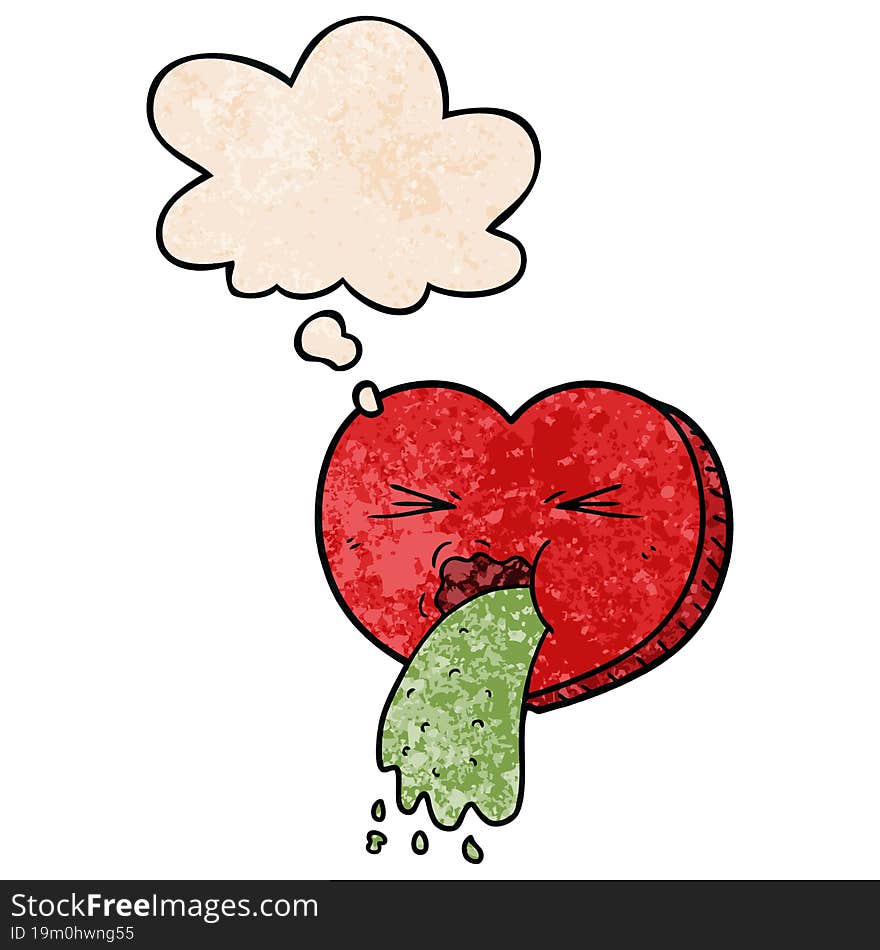 Cartoon Love Sick Heart And Thought Bubble In Grunge Texture Pattern Style