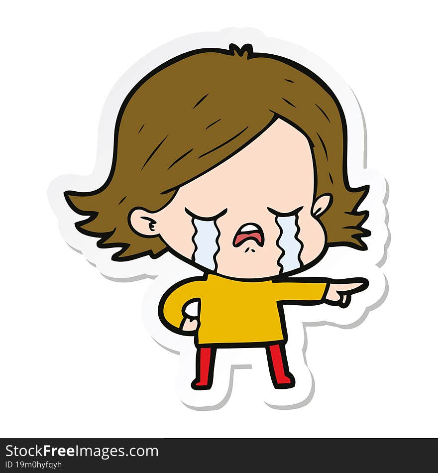 sticker of a cartoon girl crying and pointing