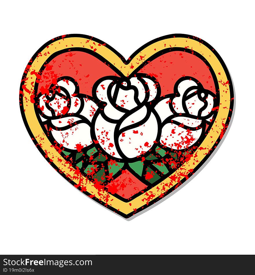 distressed sticker tattoo in traditional style of a heart and flowers. distressed sticker tattoo in traditional style of a heart and flowers