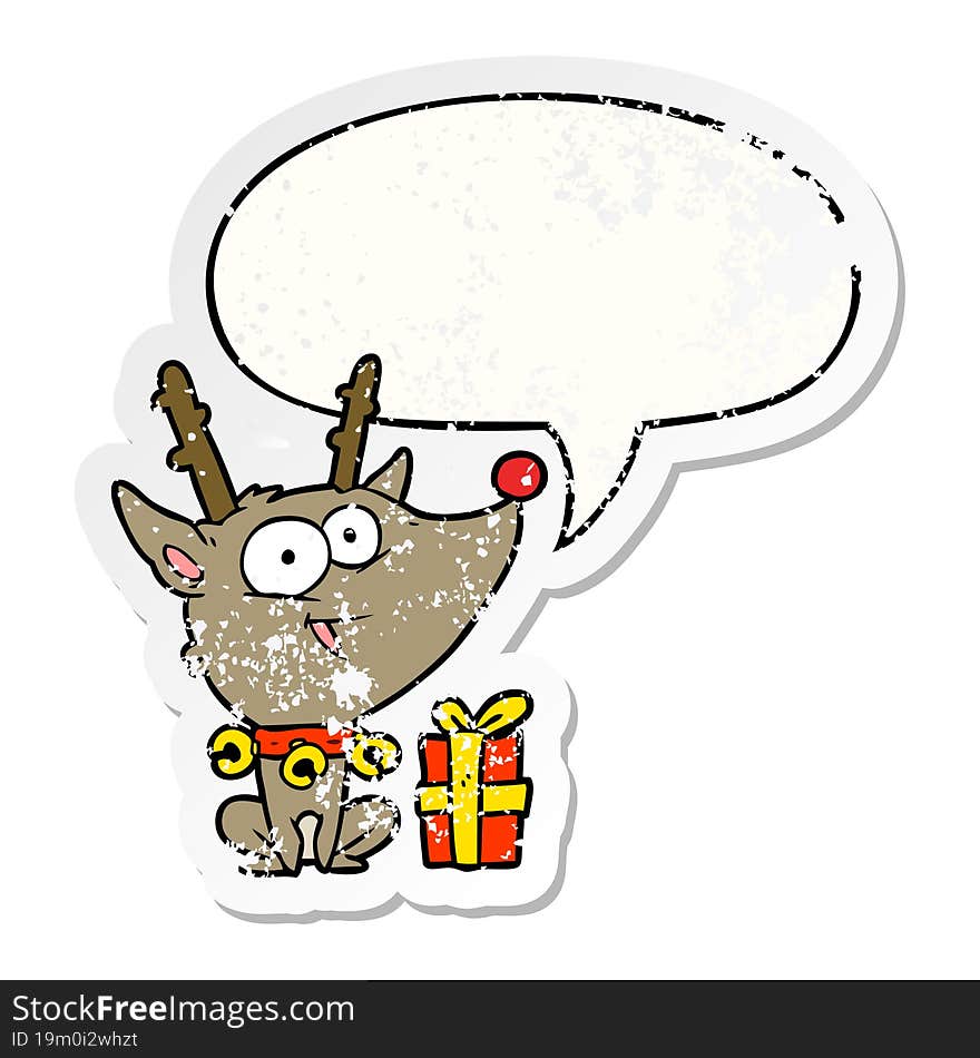 cartoon christmas reindeer with speech bubble distressed distressed old sticker. cartoon christmas reindeer with speech bubble distressed distressed old sticker