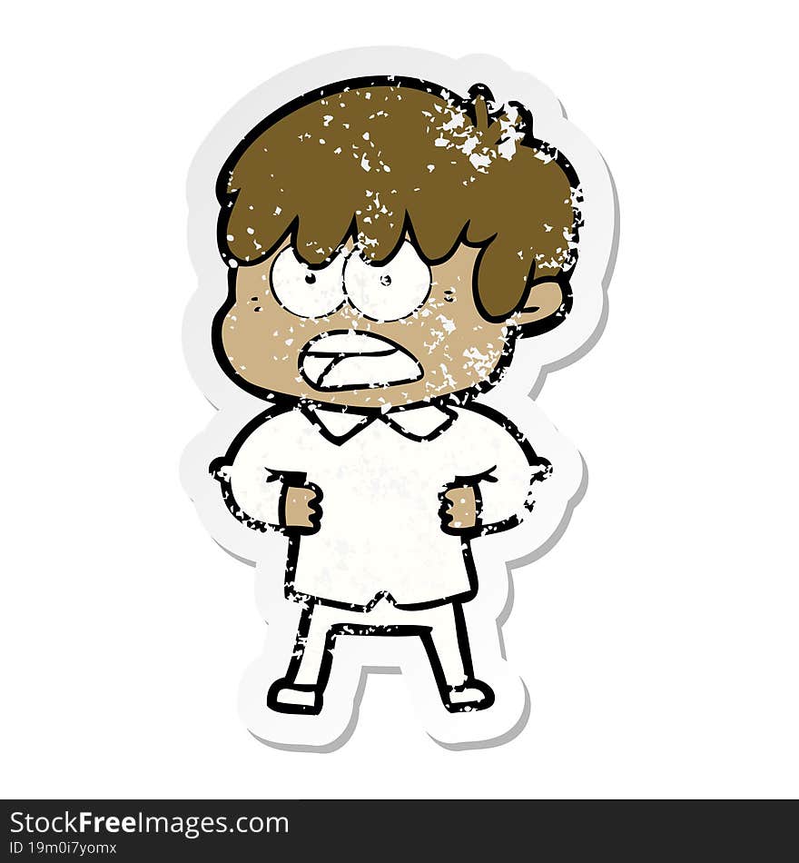 distressed sticker of a worried cartoon boy