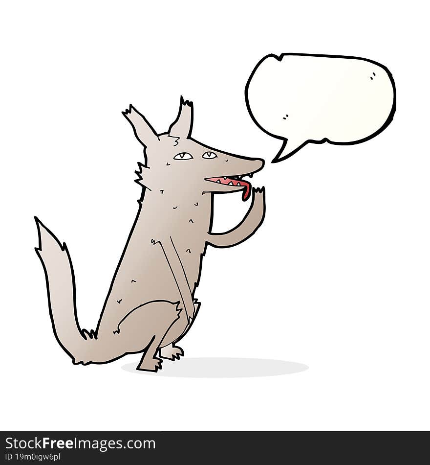 cartoon wolf licking paw with speech bubble