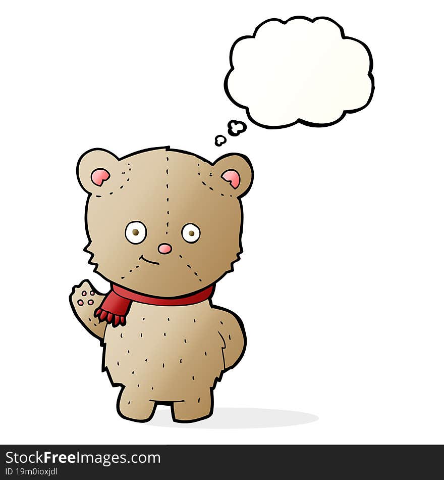 cartoon waving teddy bear with thought bubble