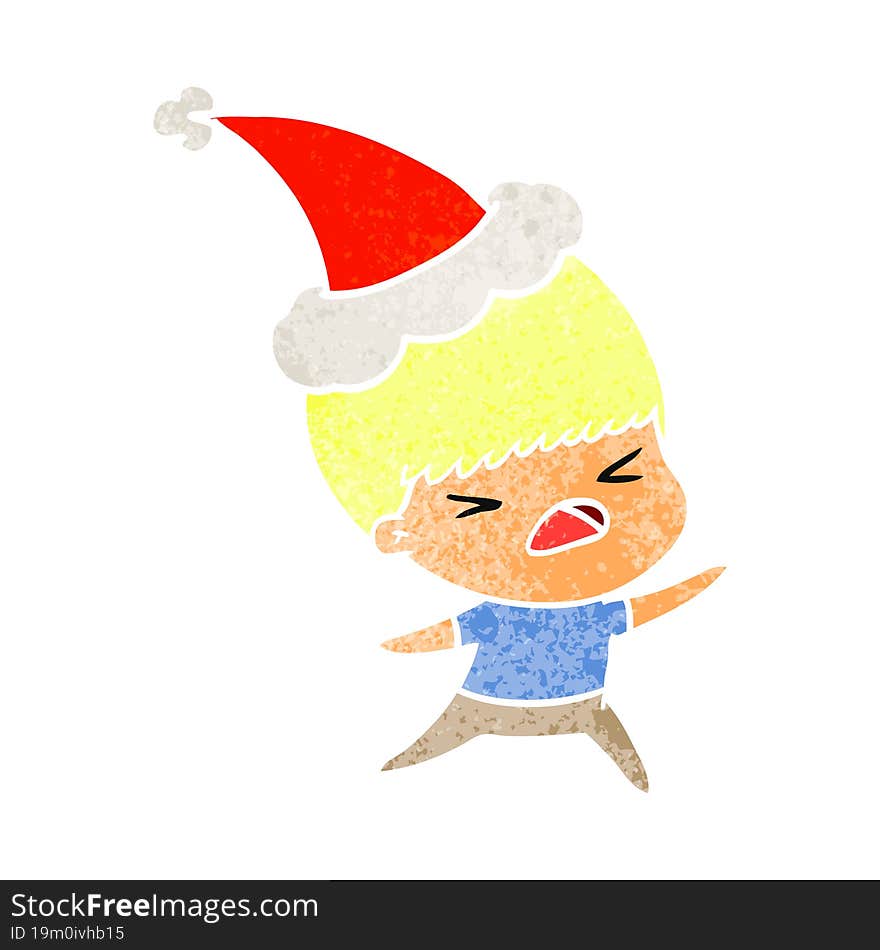 hand drawn retro cartoon of a stressed man wearing santa hat