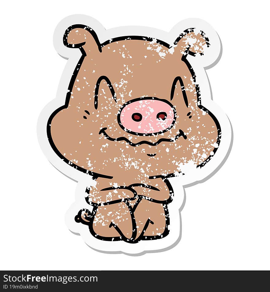 distressed sticker of a nervous cartoon pig sitting