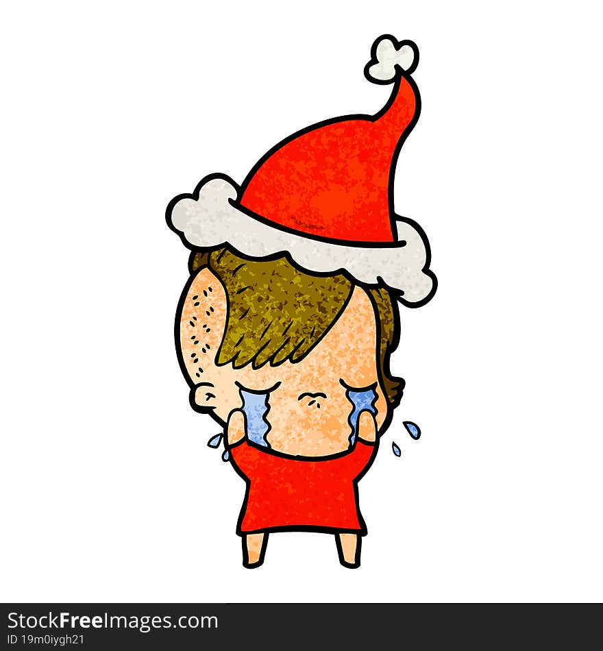 hand drawn textured cartoon of a crying girl wearing santa hat