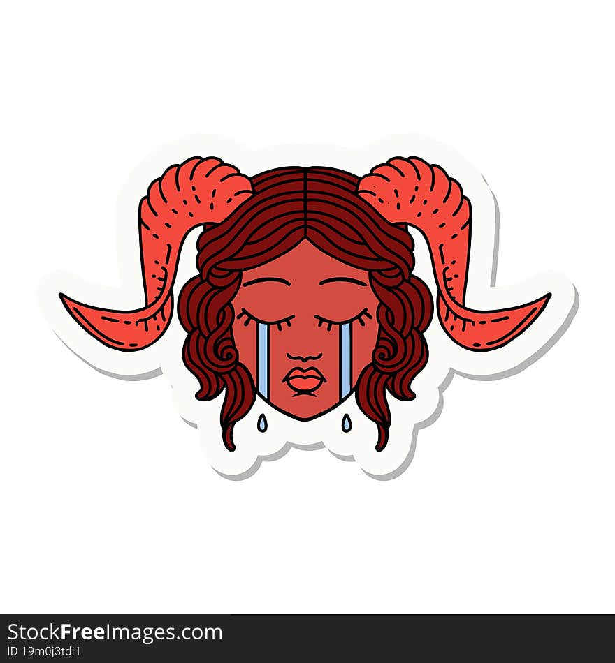 sticker of a crying tiefling character face. sticker of a crying tiefling character face