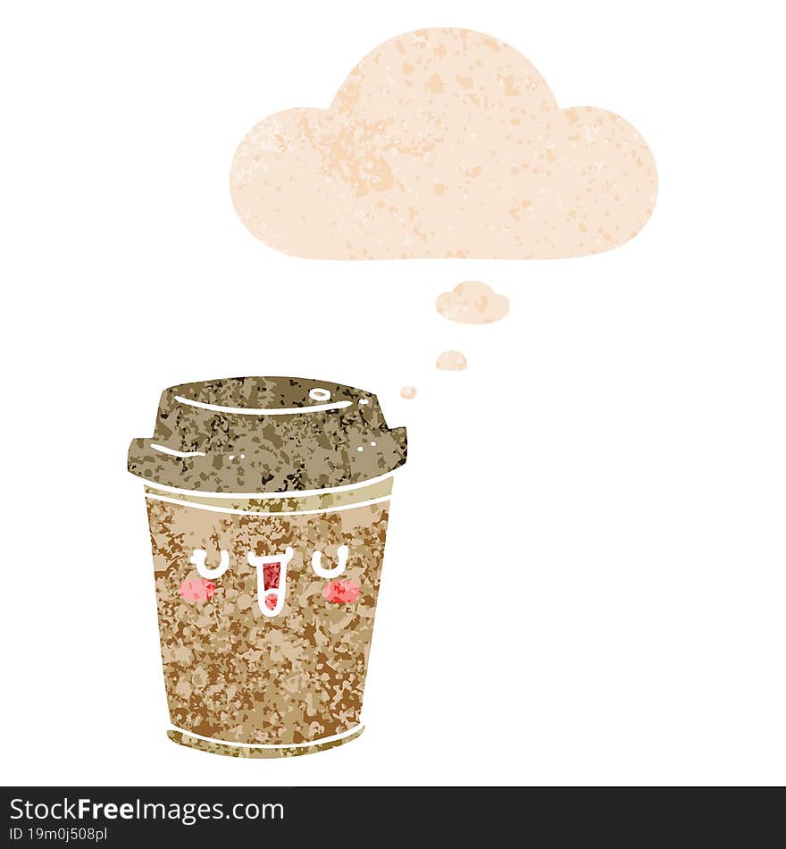 cartoon take out coffee with thought bubble in grunge distressed retro textured style. cartoon take out coffee with thought bubble in grunge distressed retro textured style