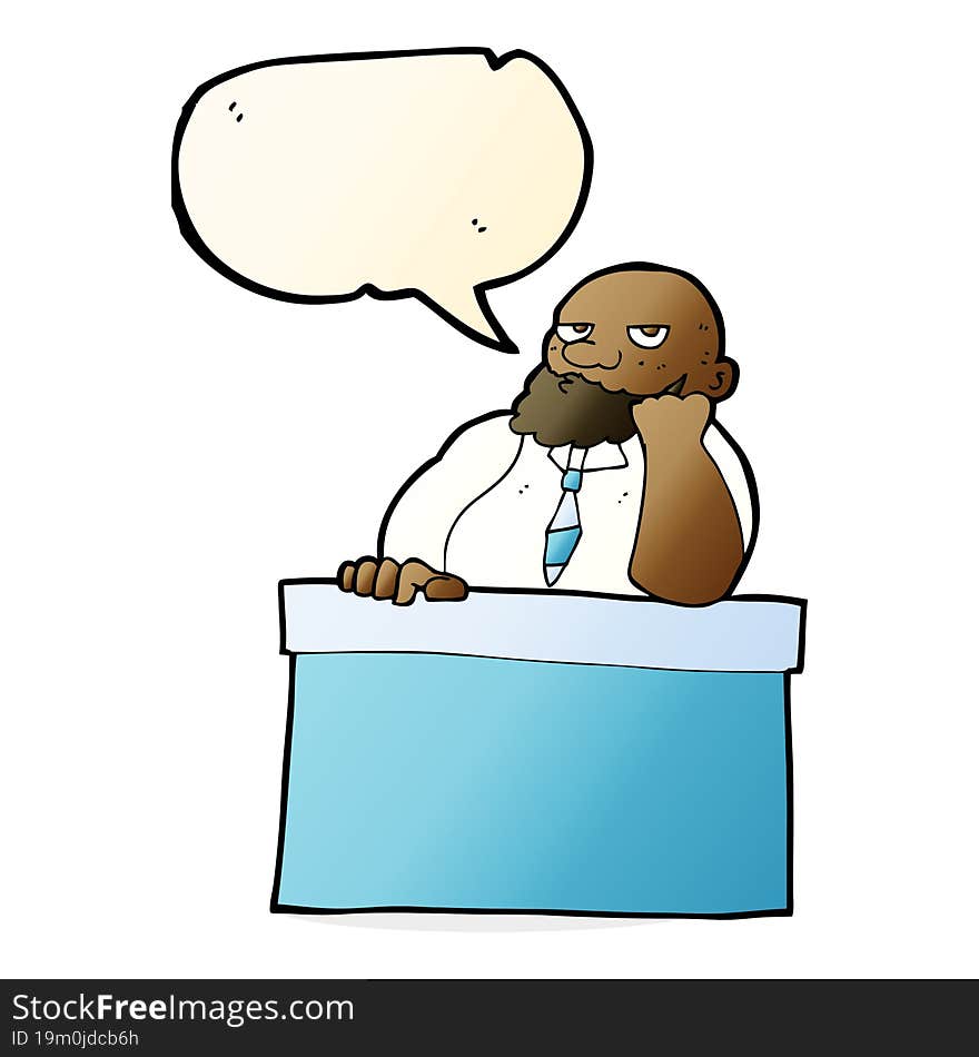 Cartoon Bored Man At Desk With Speech Bubble