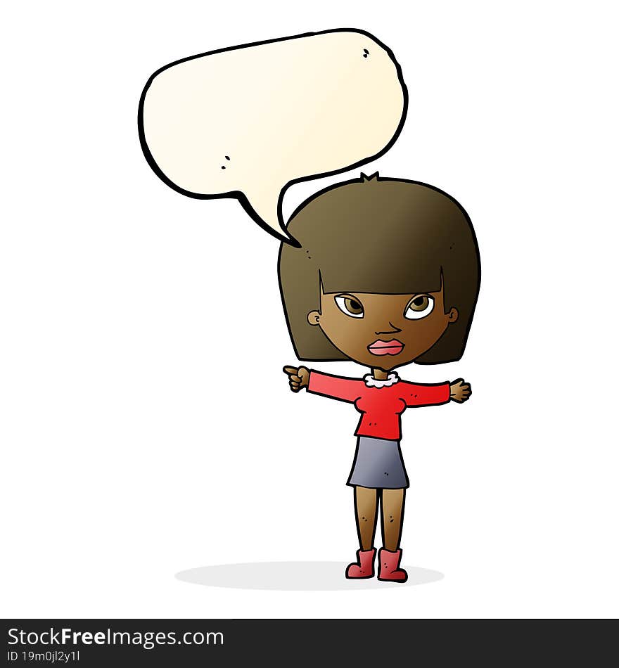 cartoon woman pointing with speech bubble