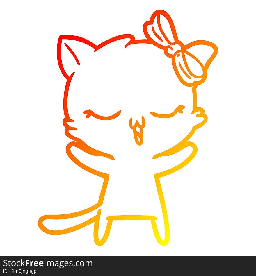 warm gradient line drawing cartoon cat with bow on head