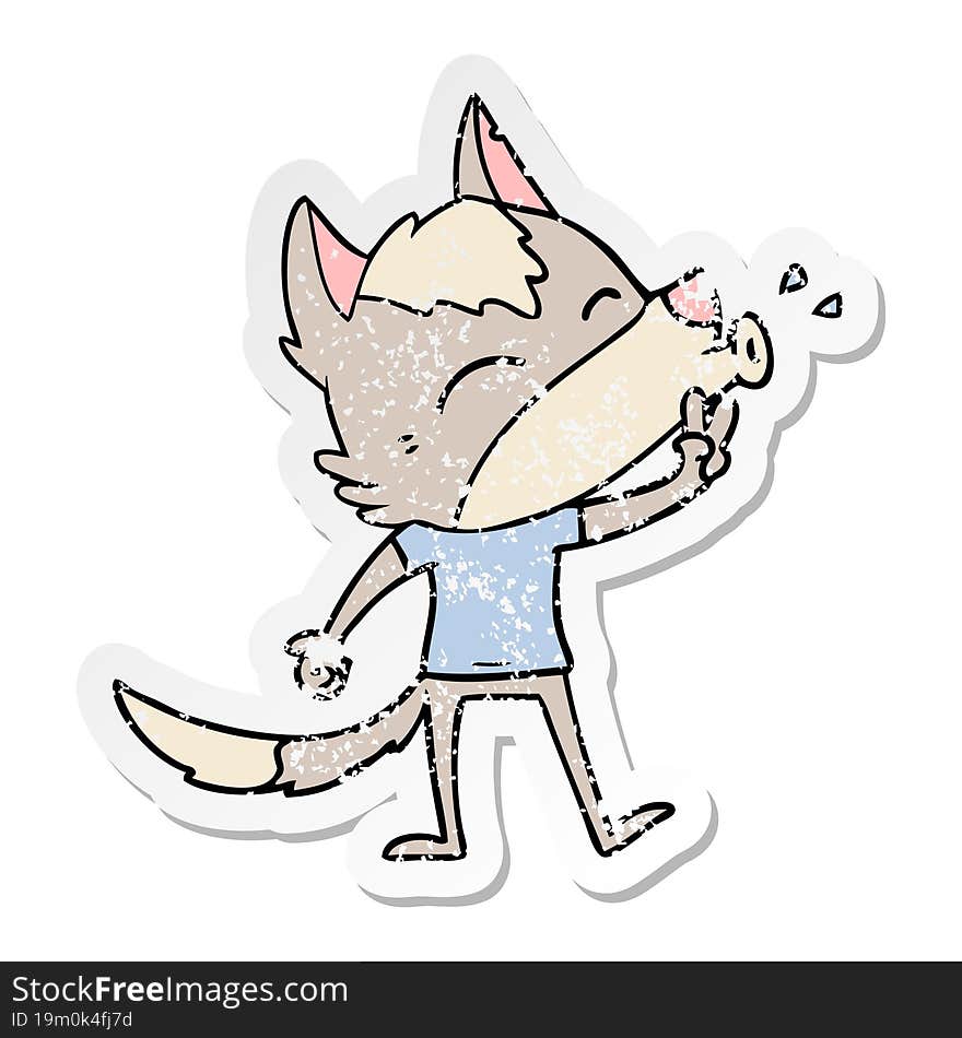 distressed sticker of a howling cartoon wolf wearing clothes