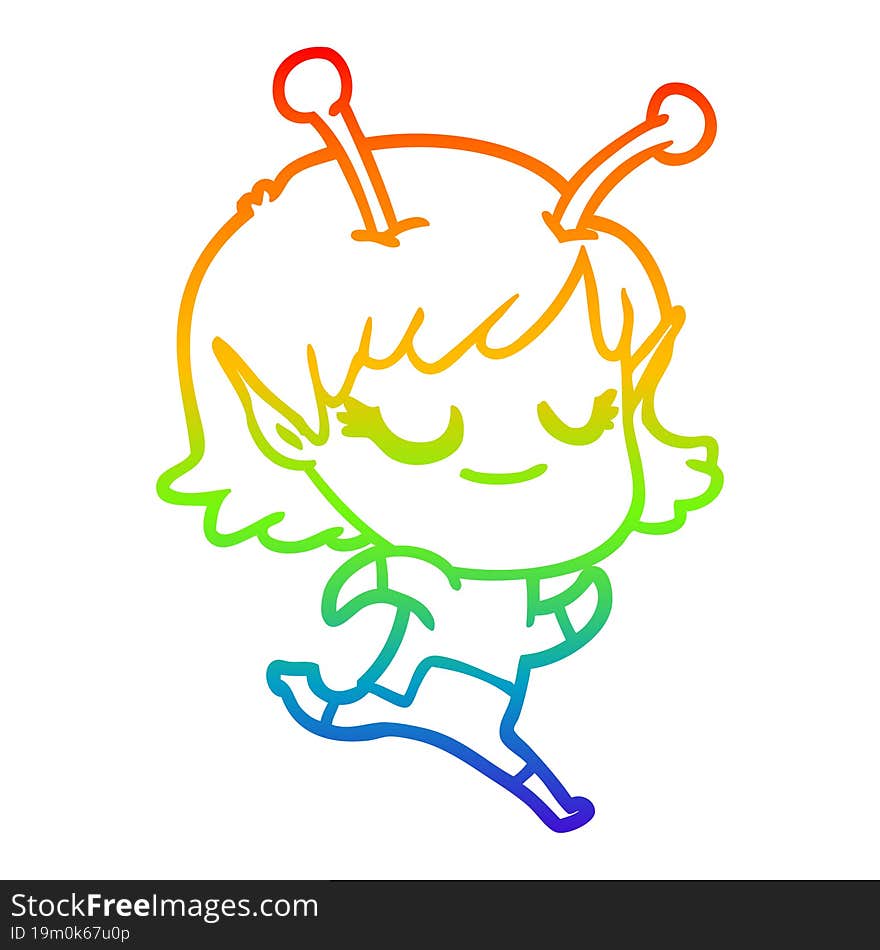 rainbow gradient line drawing smiling alien girl cartoon running