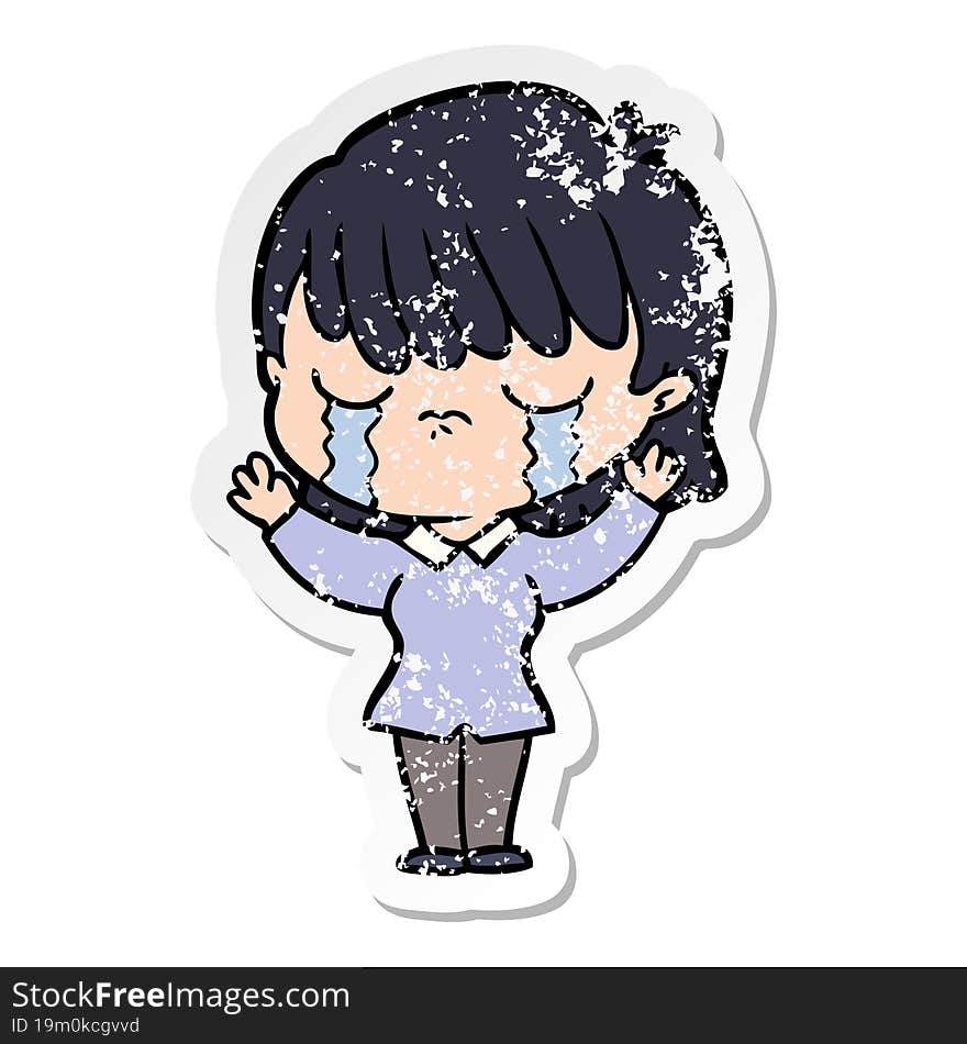 distressed sticker of a cartoon woman crying