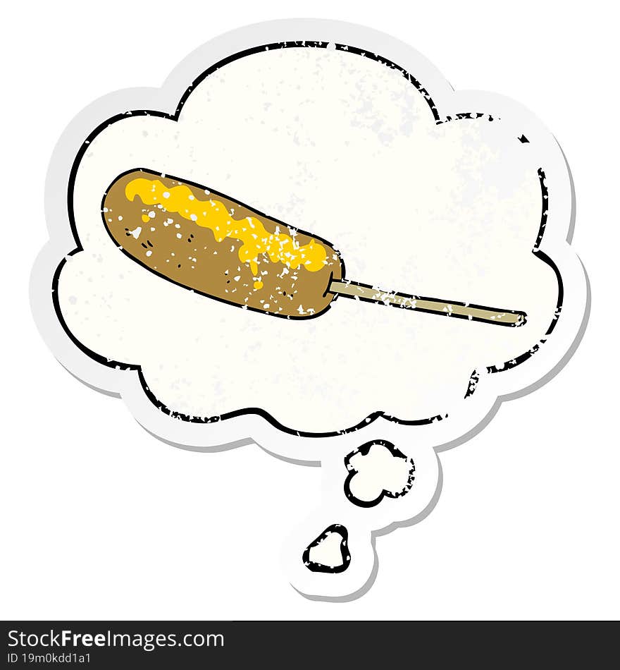 cartoon hotdog on a stick and thought bubble as a distressed worn sticker