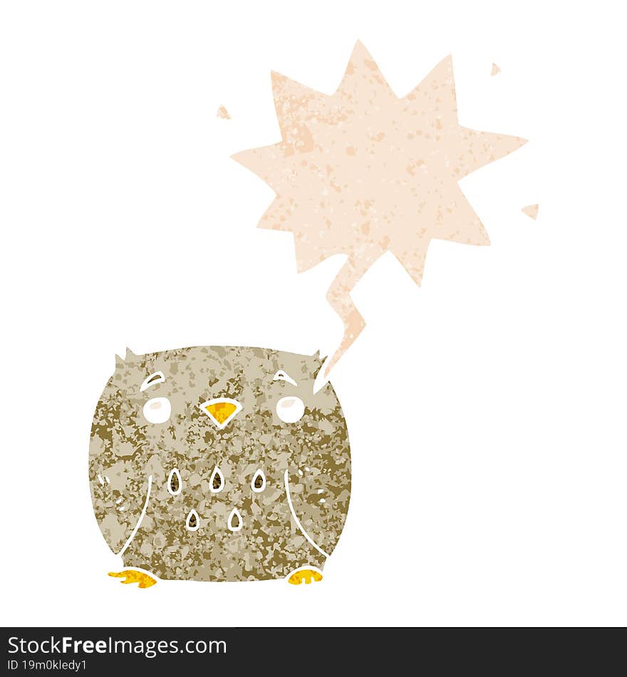 cartoon owl and speech bubble in retro textured style