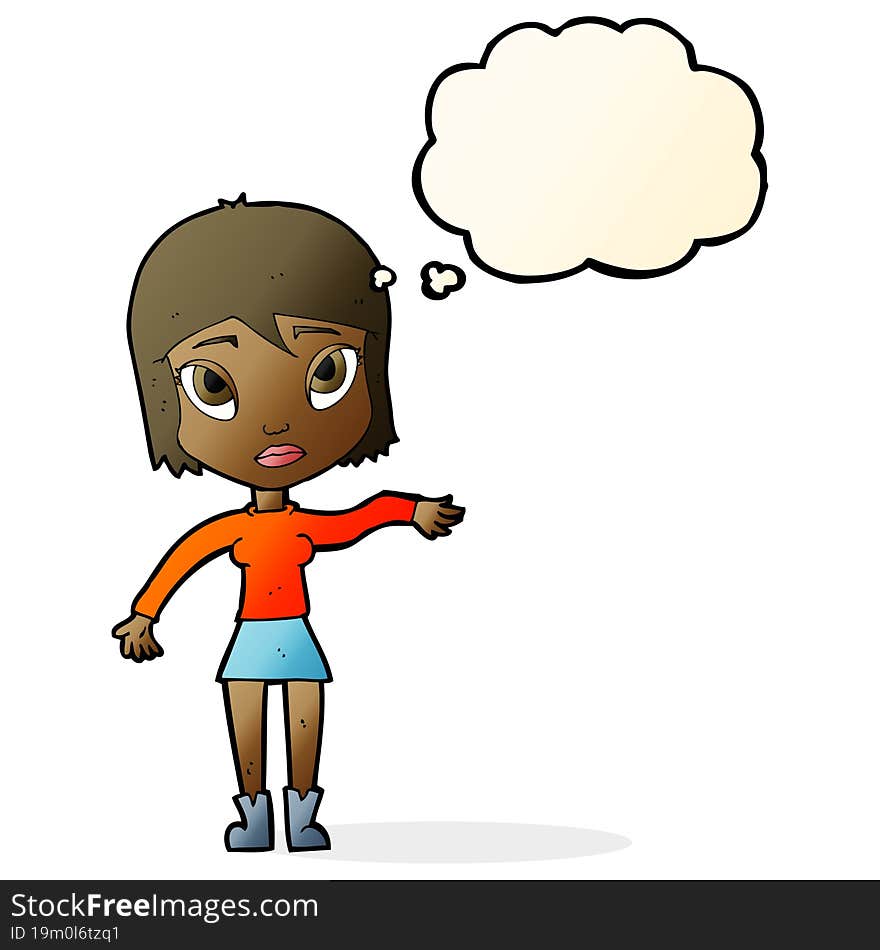 cartoon woman waving hand with thought bubble