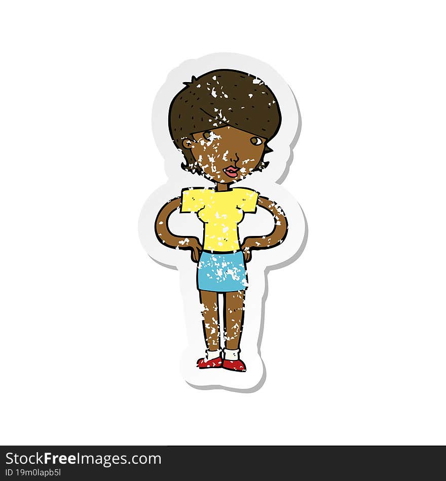 retro distressed sticker of a cartoon woman with hands on hips