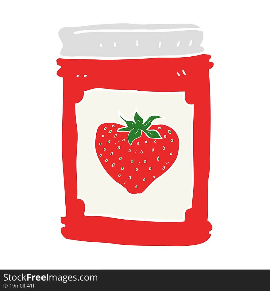 flat color illustration of a cartoon strawberry jam jar