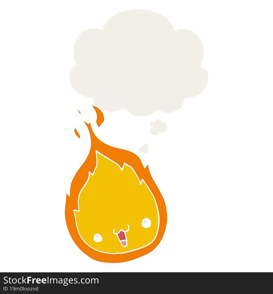 cute cartoon flame and thought bubble in retro style