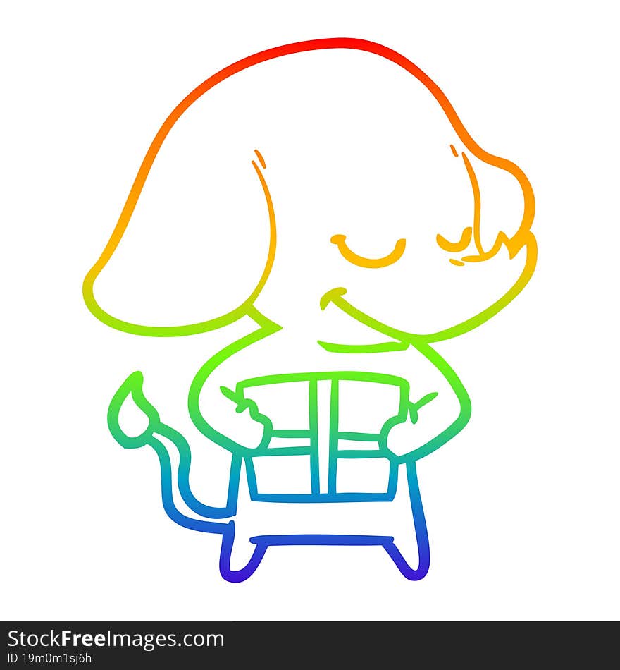 rainbow gradient line drawing of a cartoon smiling elephant with present