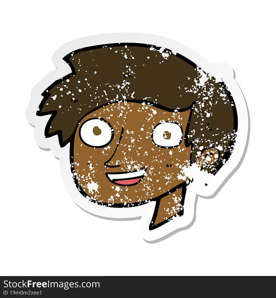 retro distressed sticker of a cartoon happy boy face