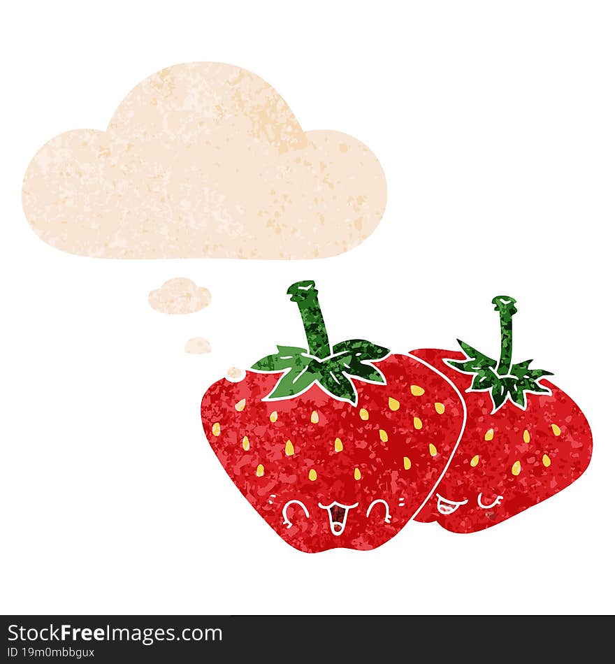 cartoon strawberries and thought bubble in retro textured style