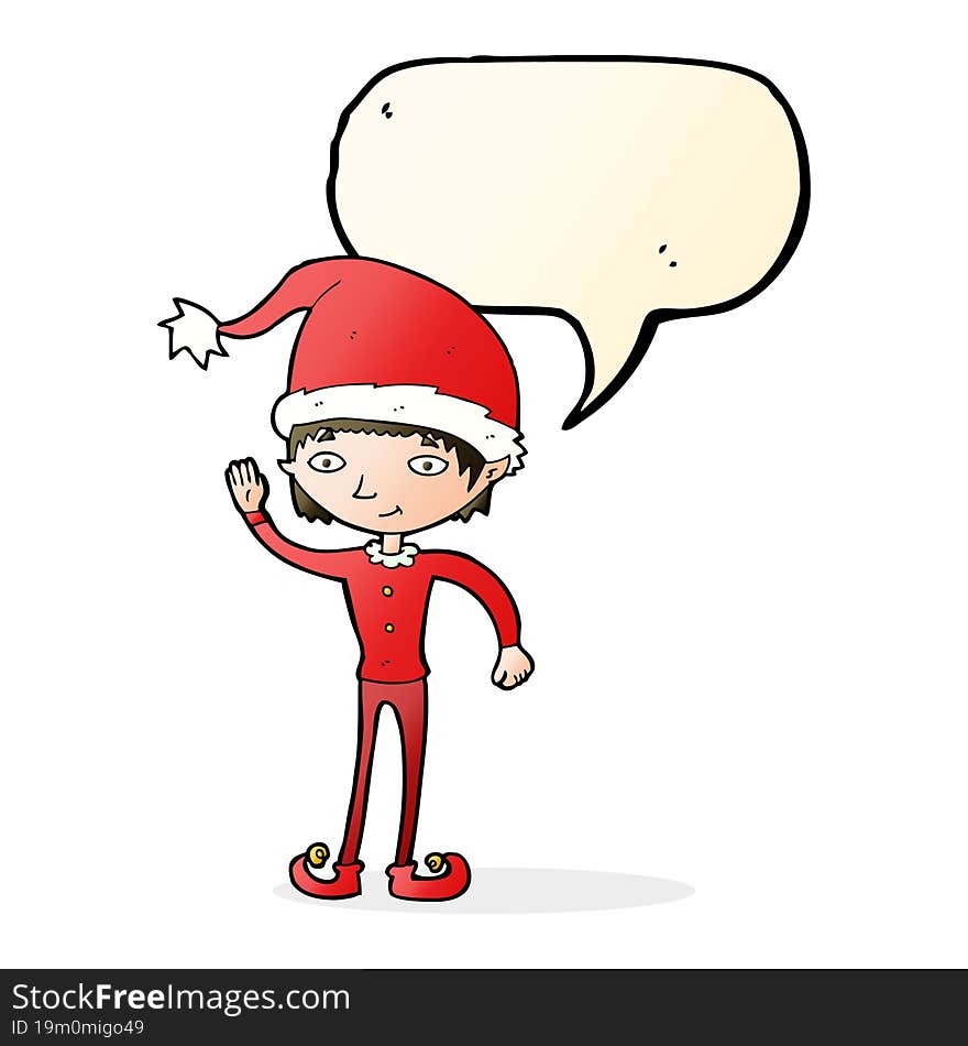 cartoon waving christmas elf with speech bubble