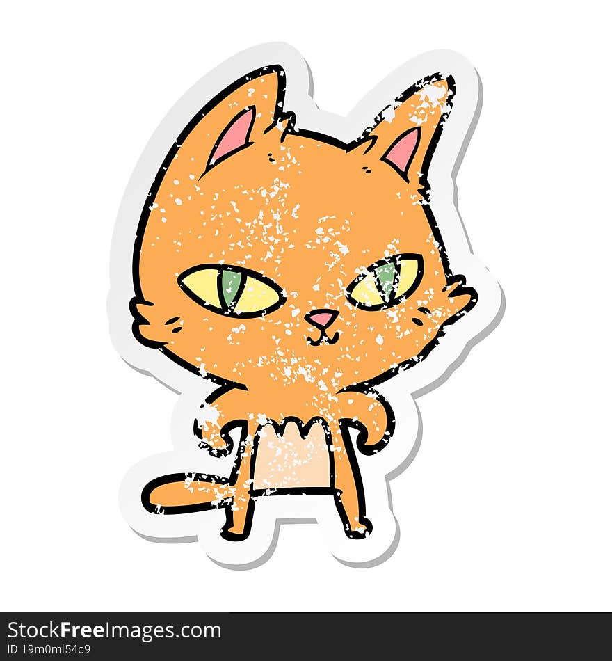 distressed sticker of a cartoon cat staring