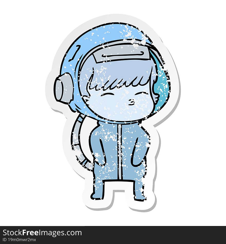 distressed sticker of a cartoon curious astronaut