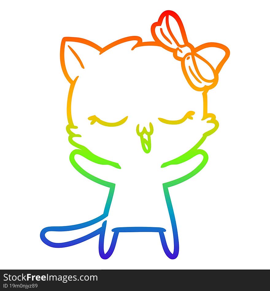 rainbow gradient line drawing cartoon cat with bow on head