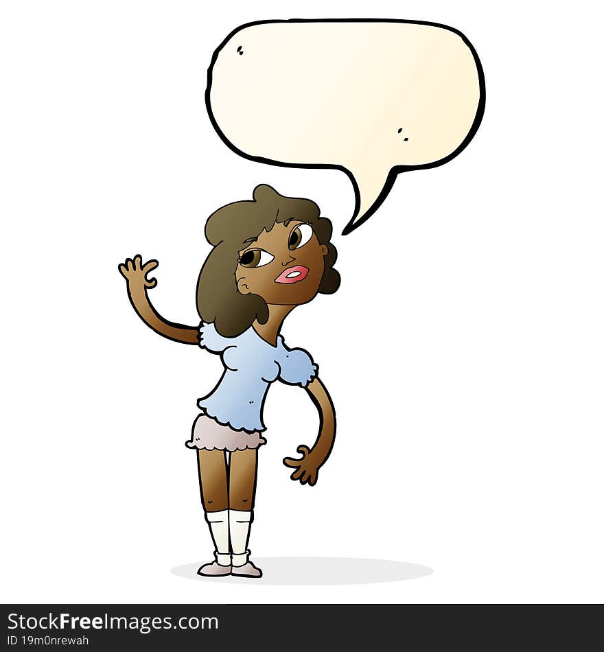 cartoon woman waving with speech bubble