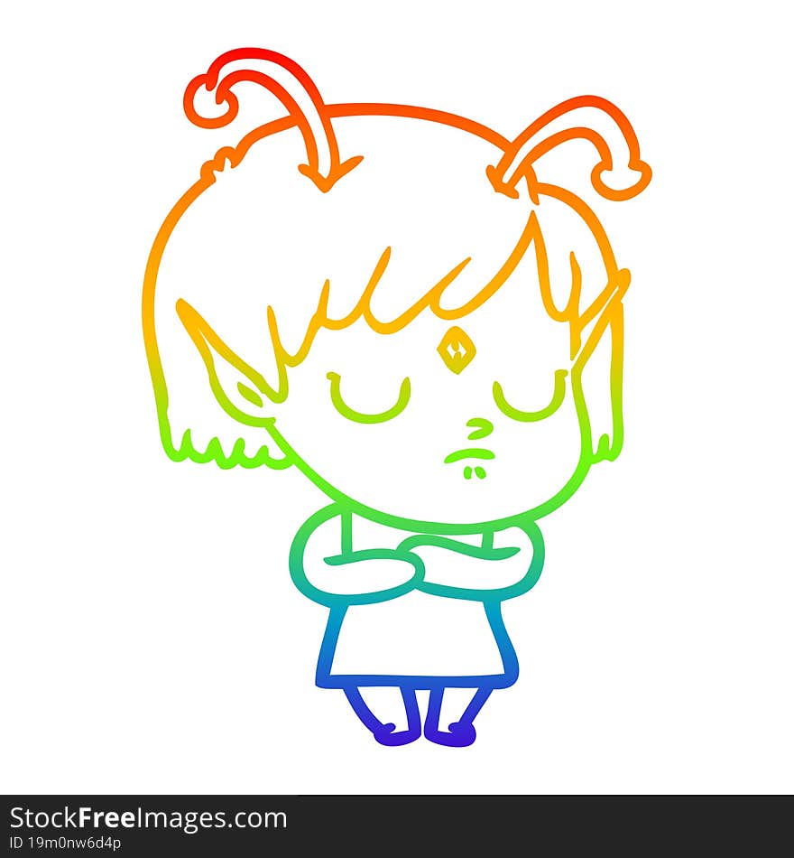 rainbow gradient line drawing of a cartoon alien girl