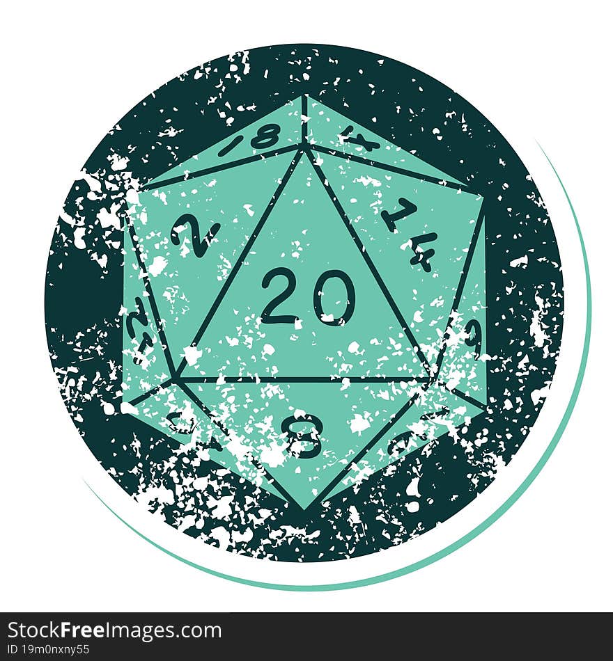 distressed sticker tattoo style icon of a d20 dice